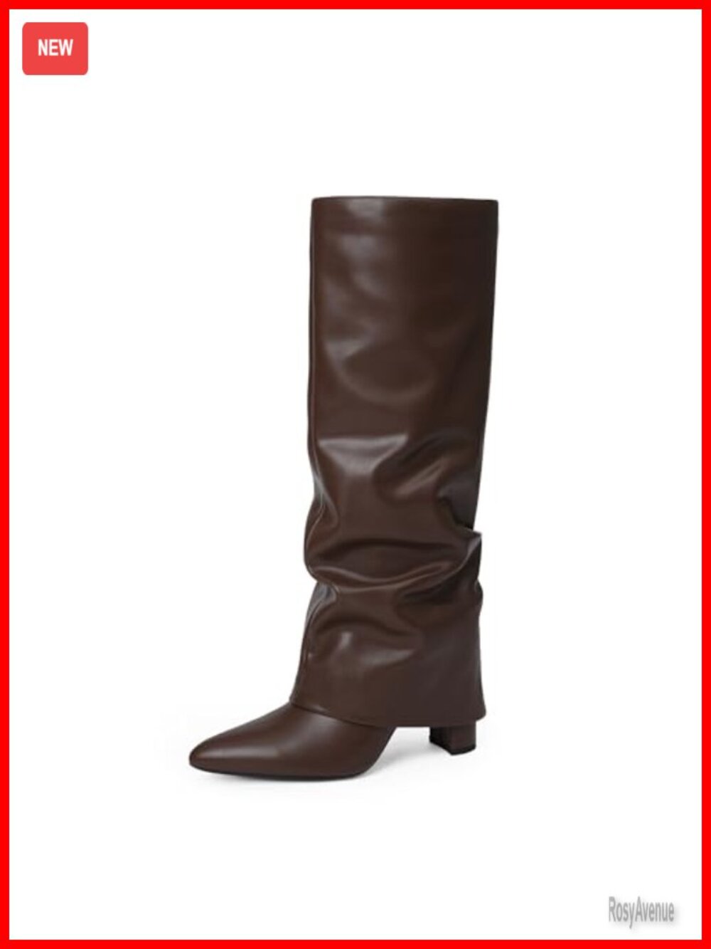 Knee High Boots Women Fold Over Chunky Heel Pointed Toe Tall Faux Leather